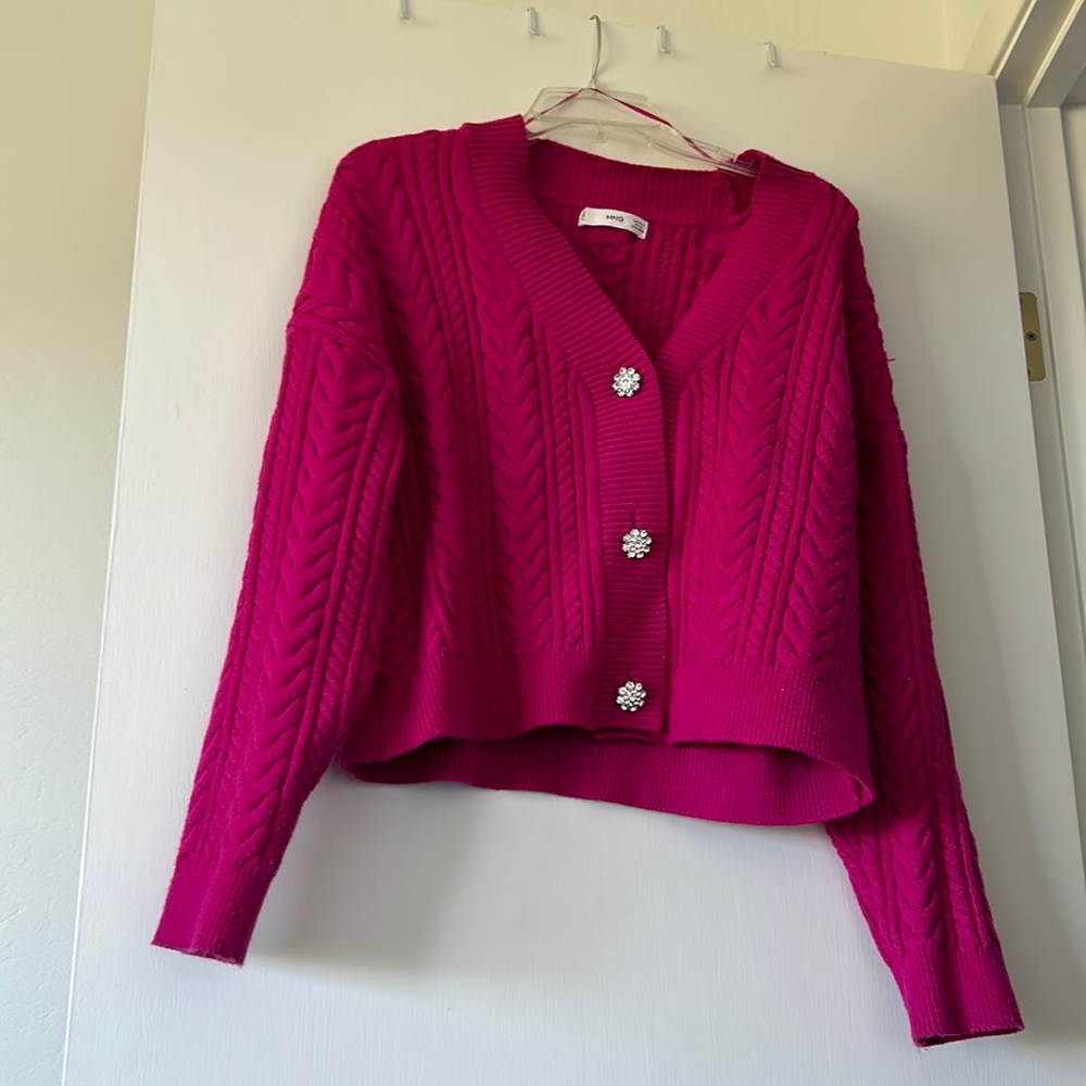 Mango cardigan with rhinestone buttons. Size 4. Hot pink.